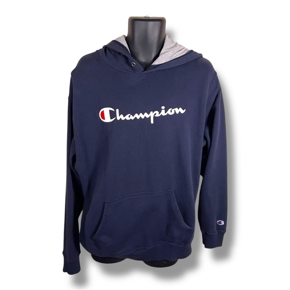 Large Champion Mens Blue Hoodie Embroidered Logo Athletic Loungewear Active